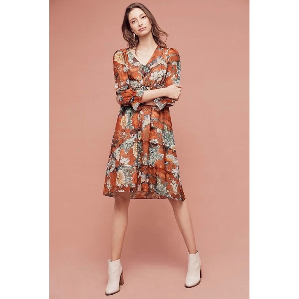 Hemant & Nandita Zeri Floral Tiered Midi Dress Rust Orange Peasant Boho Size 2